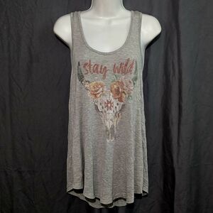 XS Oversize Enough About Me Gray Boho Rustic Western Floral Flowy Racerback Tank